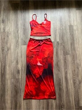 Red Floral Woman Matching Set Skirts